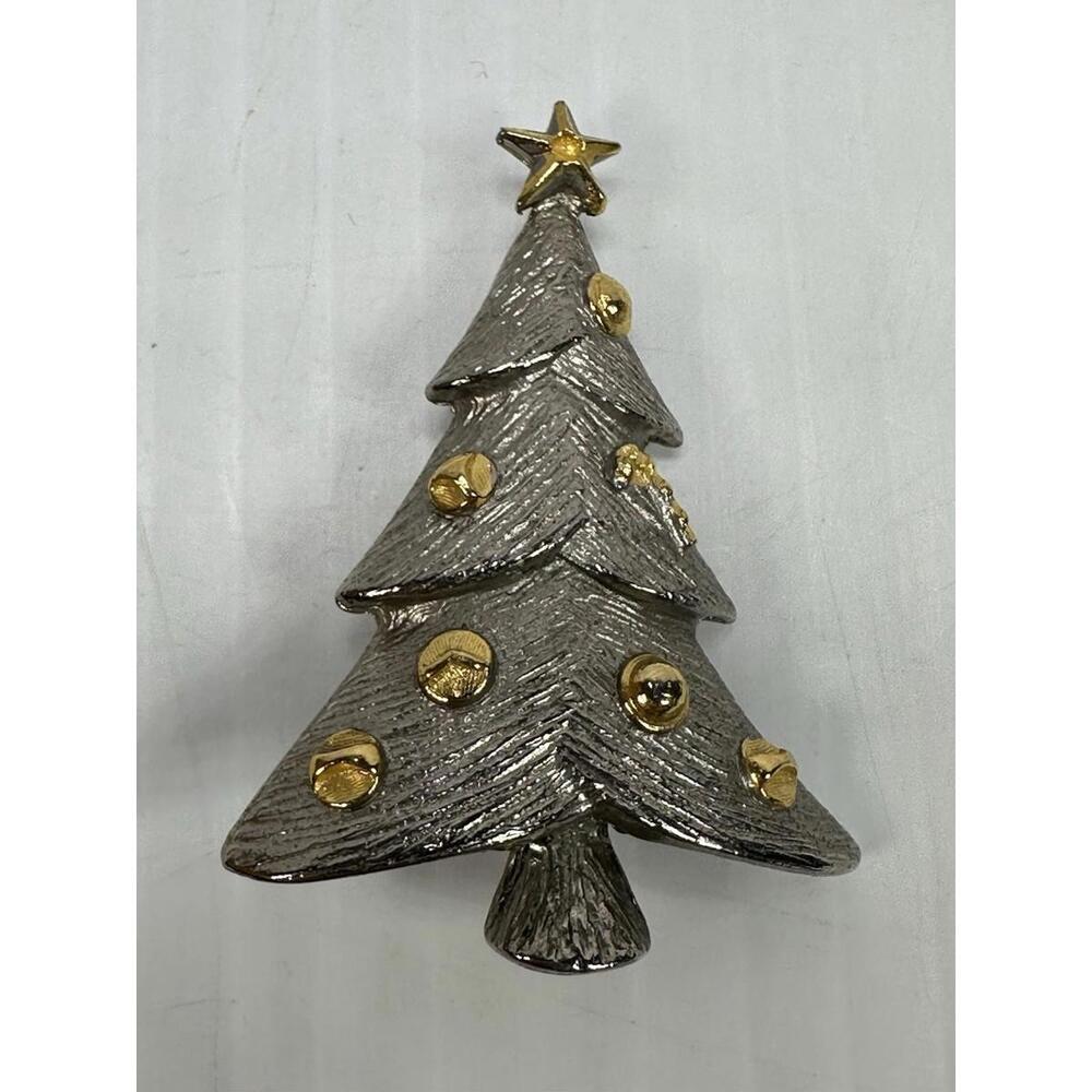 LIA Christmas Tree Brooch Pin Silver Gold Tone Textured Holiday Star Ornament
